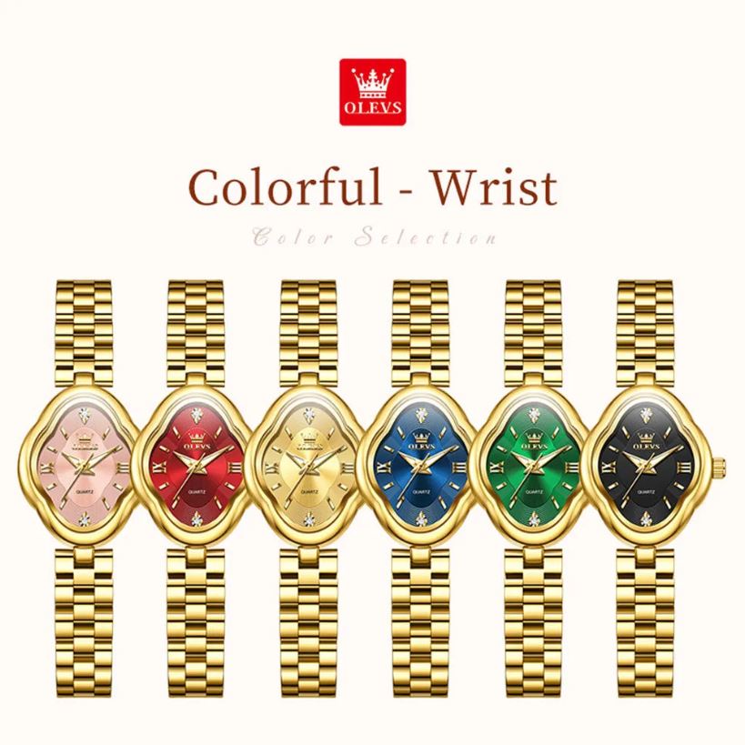 Set of six colorful watches with gold bracelets on a white background, featuring the OLEVS brand.