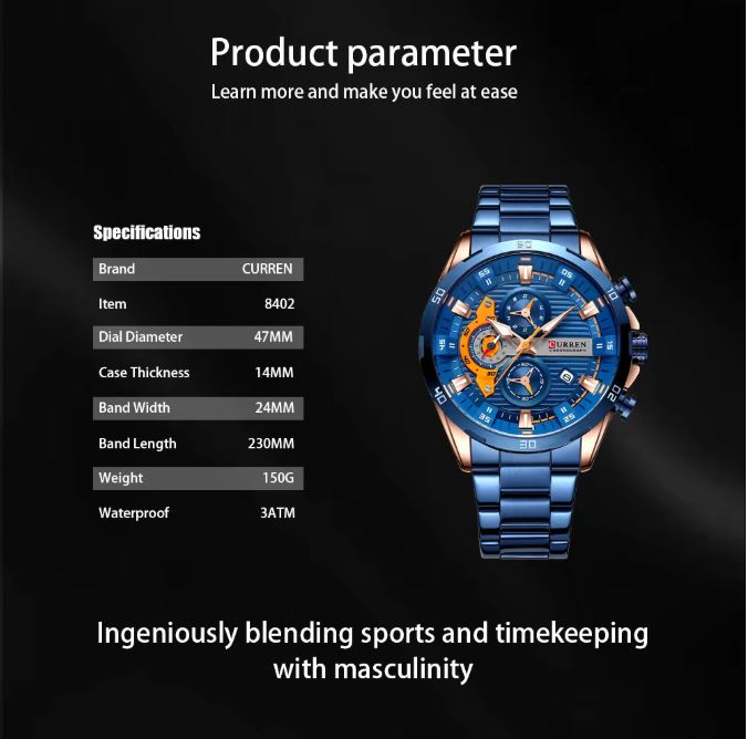 Blue Curren watch with specifications on a black background