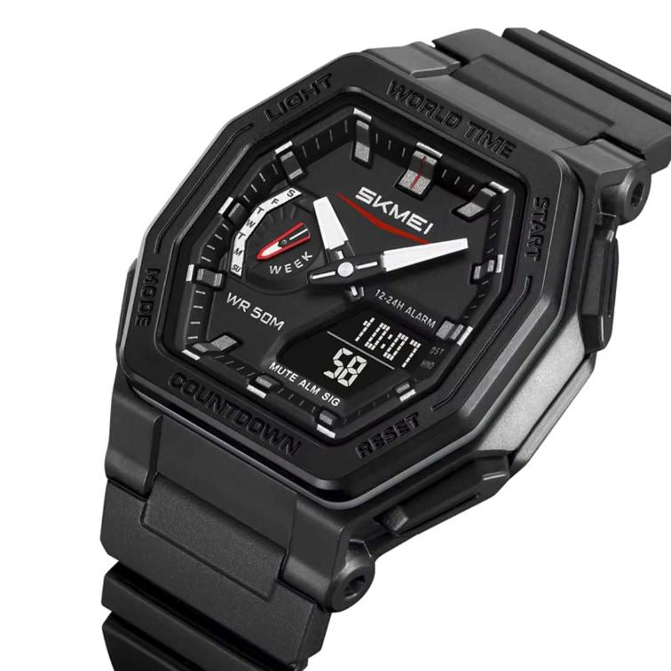 Black Skmei watch with digital and analog display on a white background