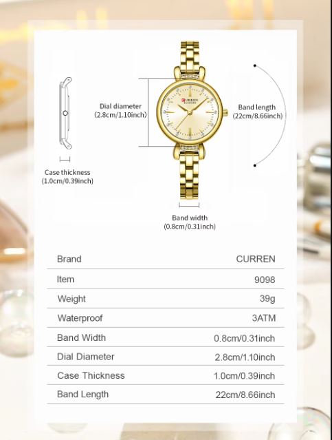 Gold watch with detailed specifications on a white background