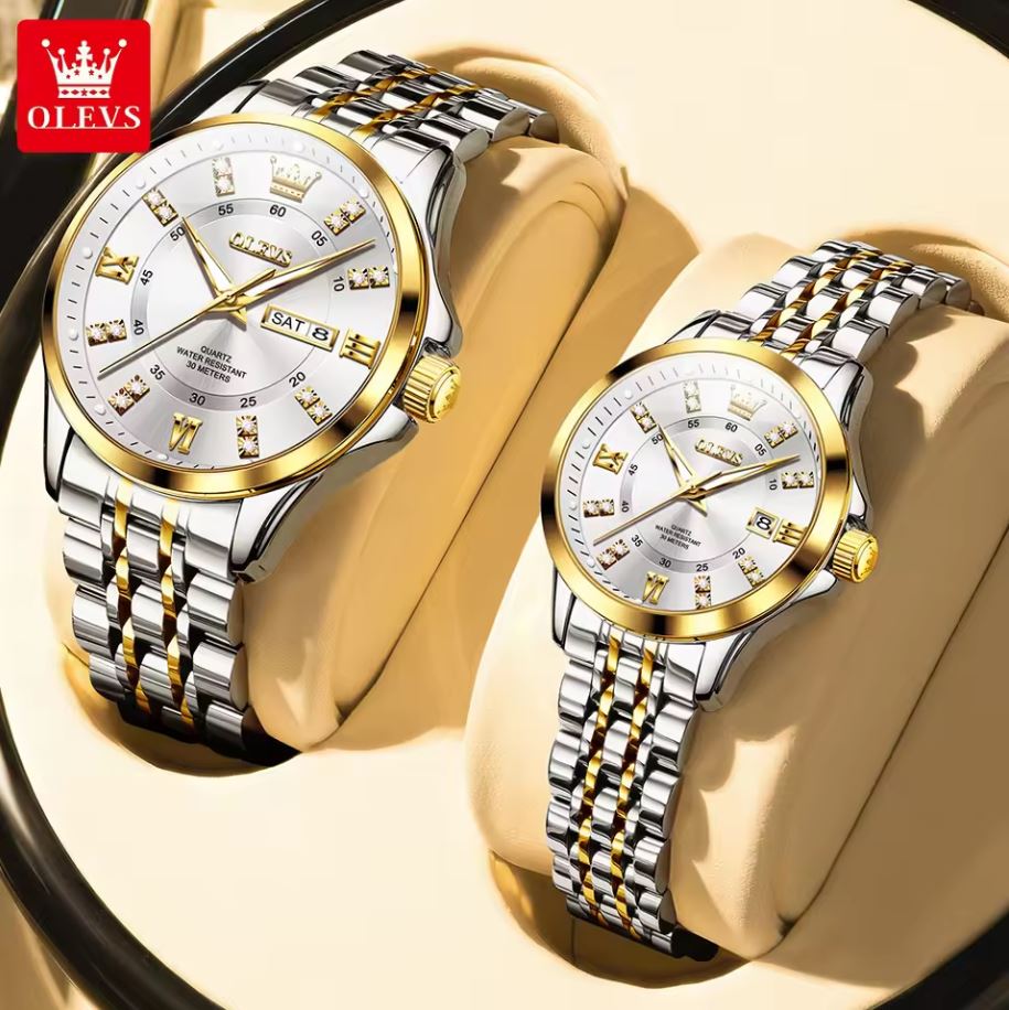 OLEVS 3620 Luxury Couple Quartz Watch Two Tone White– Stainless Steel Matching Wristwatch Set
