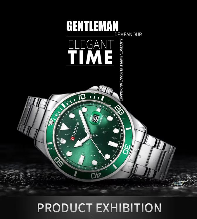 Green wristwatch with silver case on a dark background, featuring text about elegance and time.