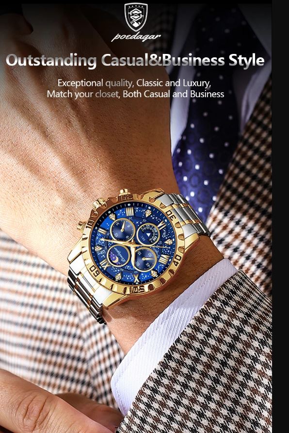 Gold watch on a wrist with a suit and tie, Poshgar brand visible