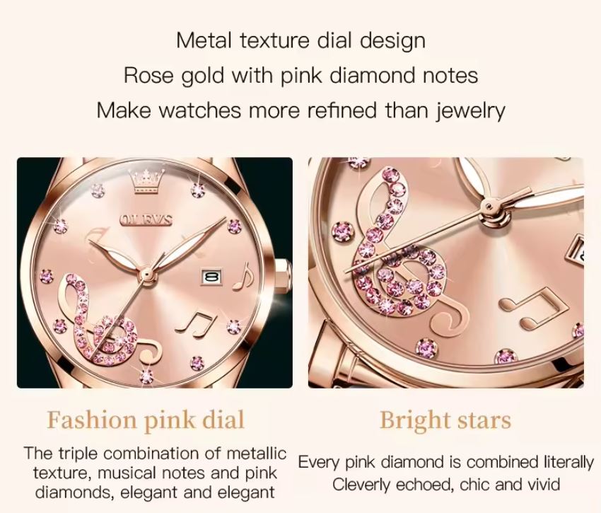 Rose gold watch with pink diamond accents on a white background