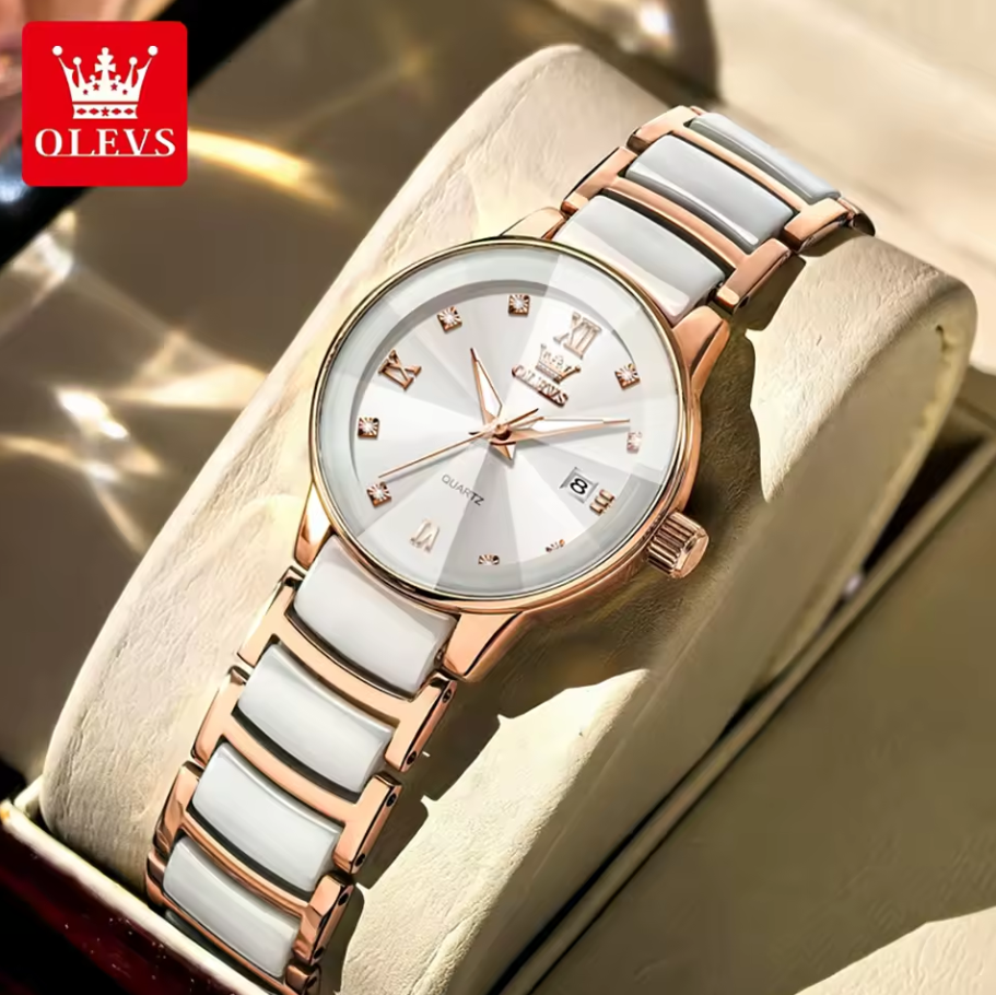 OLEVS 7114 Women’s Quartz Watch – Rose Gold & White Ceramic Bracelet