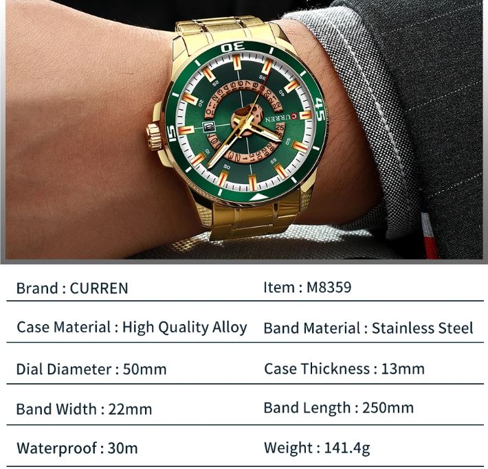 Gold watch with green dial on a wrist, brand CURREN, item M8359