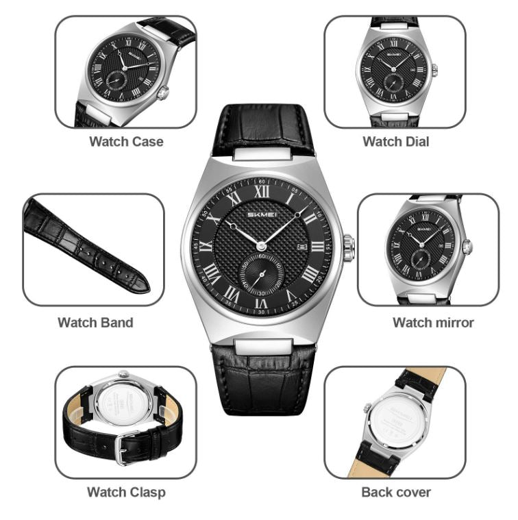 Wristwatch with various parts labeled on a white background