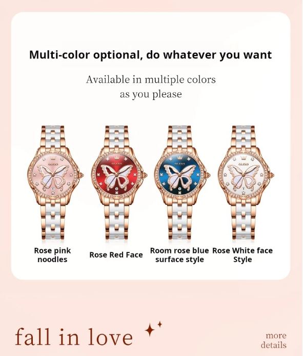 Four butterfly-themed watches with different face colors on a light pink background.