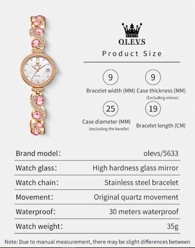 Product size details of a watch with OLEVS branding on a white background