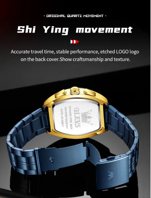 Gold and blue watch with 'OLEVS' branding on a dark background