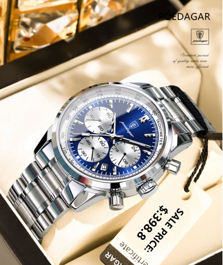 Luxury watch with blue face and silver case on a gold background, featuring the brand 'FOGEDAR'.