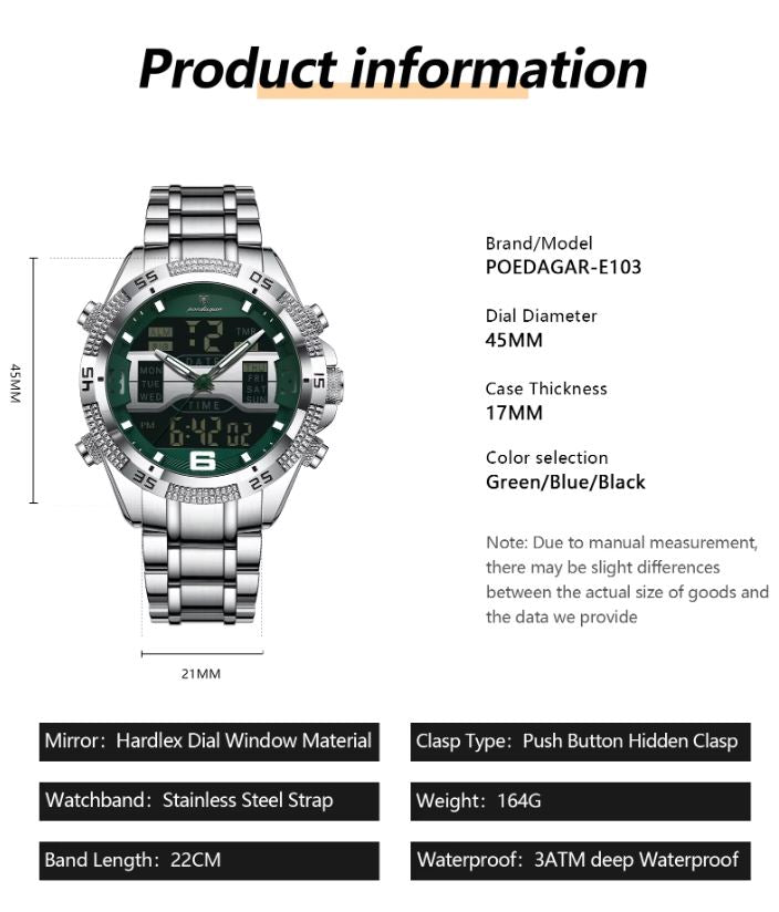 Product information of a watch with specifications on a white background