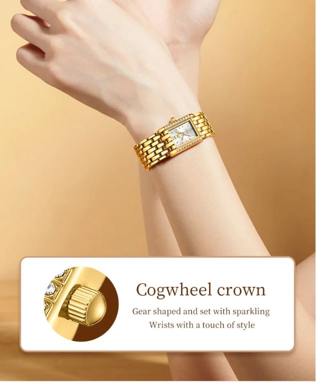 Gold bracelet with cogwheel crown design on a beige background