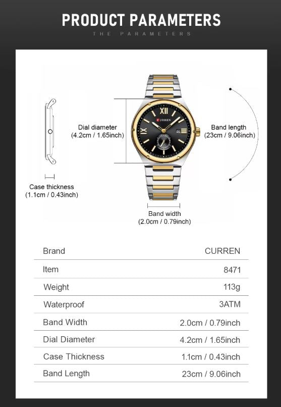 Product parameters of a Curren watch with detailed measurements.