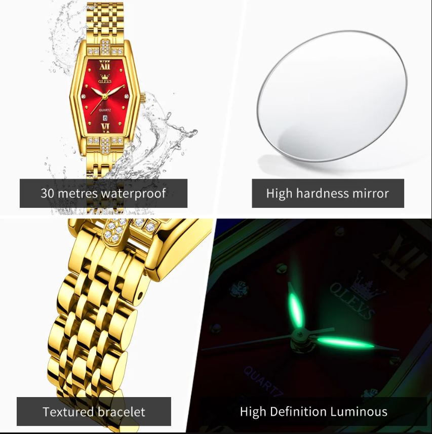 Gold wristwatch with features highlighted on a white background