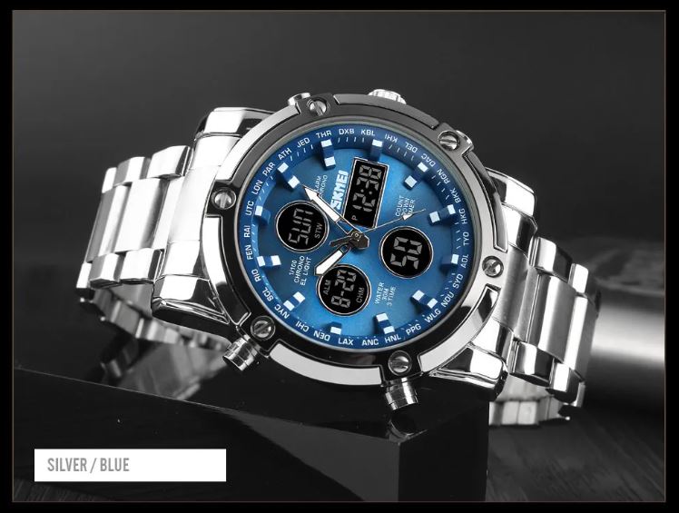 Silver and blue watch with digital display on a dark background