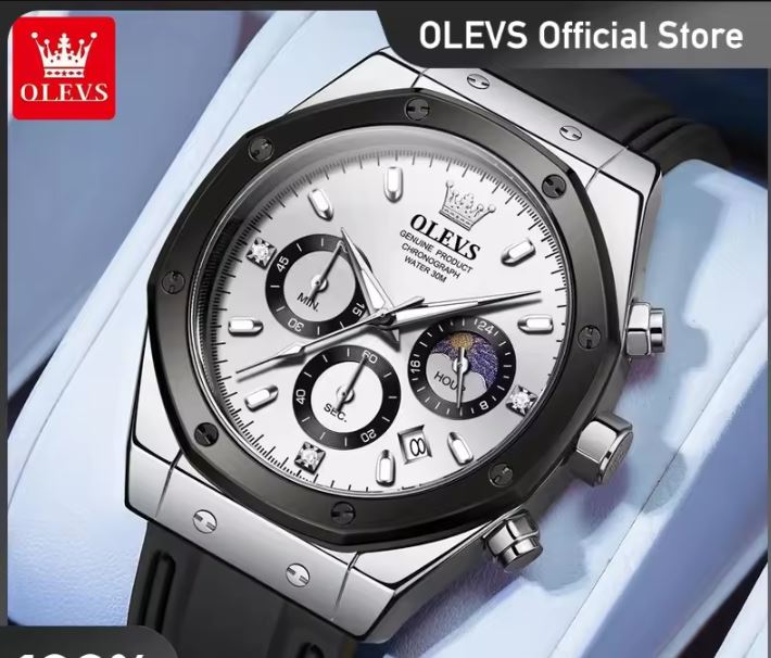 OLEVS 9911 Men’s Sport Quartz Chronograph Watch – White Dial & Black Silicone Strap