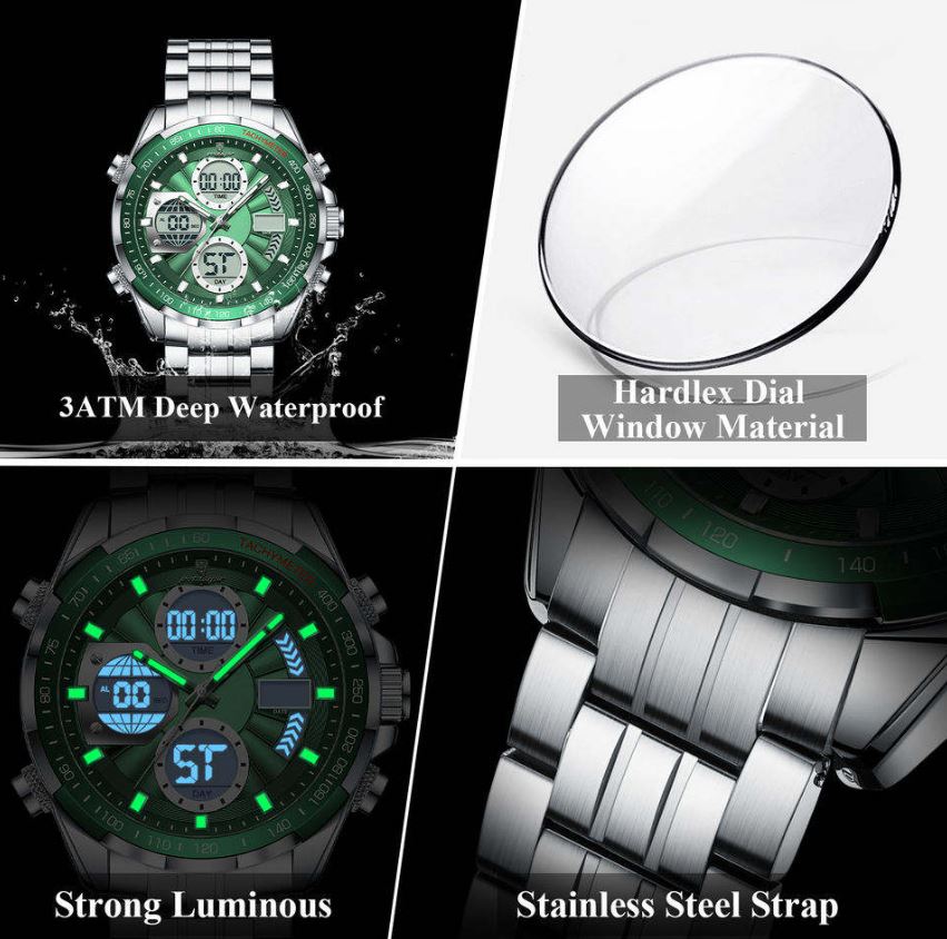 Collage of a green digital watch with features highlighted on a black background.