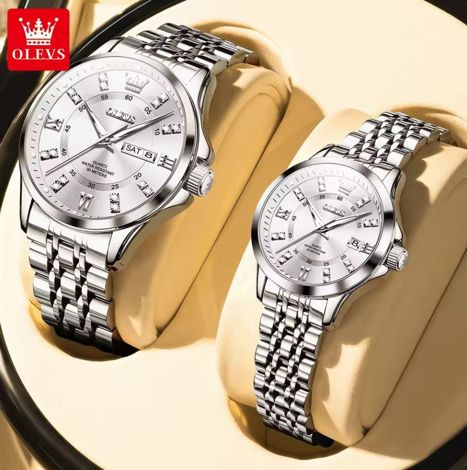 OLEVS 3620 Luxury Couple Quartz Watch Silver– Stainless Steel Matching Wristwatch Set