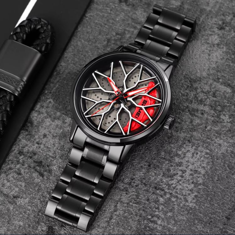 Black wristwatch with unique design on a gray surface