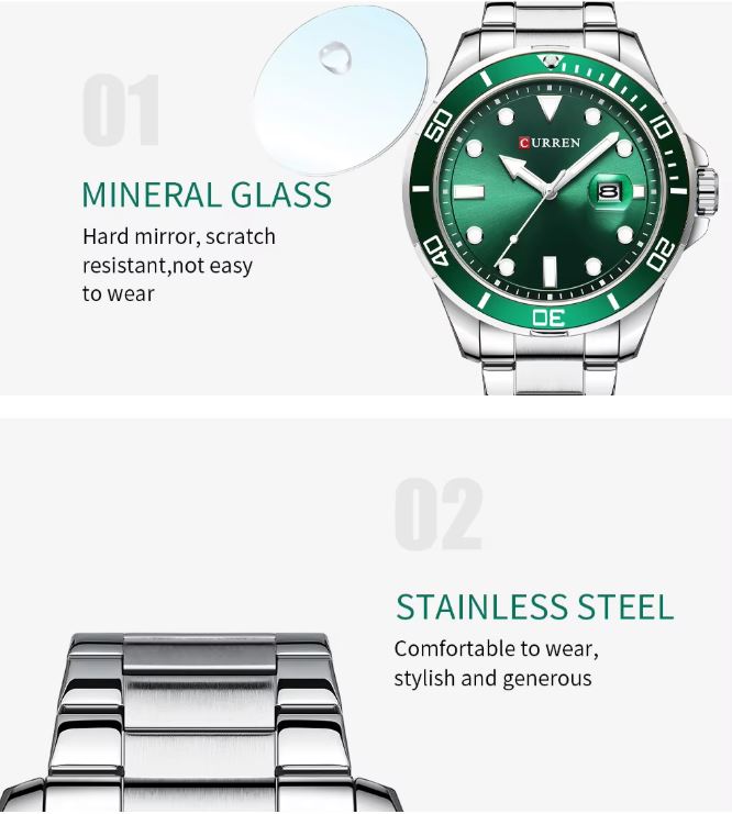 Green watch with mineral glass and stainless steel band on a white background