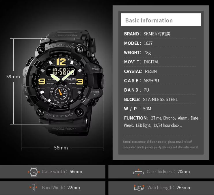 SKMEI 1637 Men’s Analog Digital Sports Watch Black – 50M Waterproof