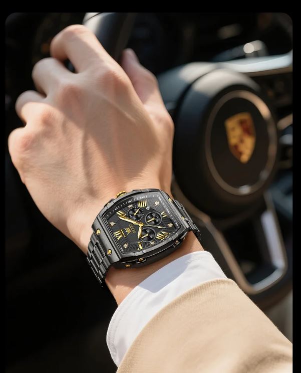 Black watch on a wrist with a car interior background