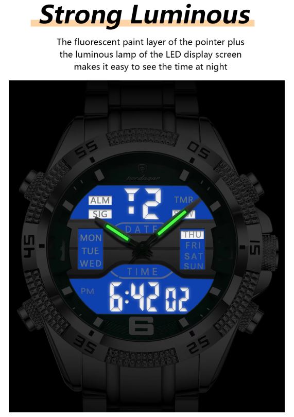 Digital watch with a blue display and black casing, featuring time and date on a white background.