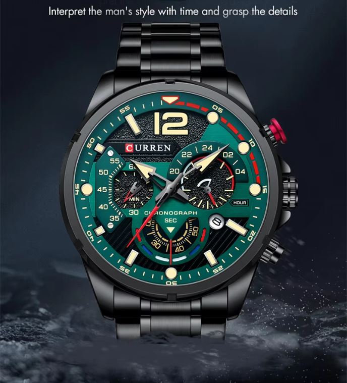 Curren watch with green dial and black strap on a dark background