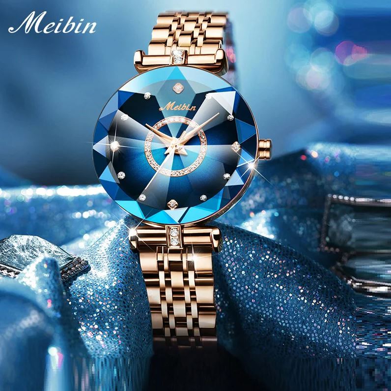MEIBIN 1482 Women’s Luxury Blue Diamond Quartz Bracelet Watch – Elegant Fashion Wristwatch