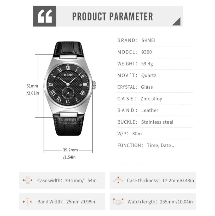 SKMEI watch with product parameters on a white background