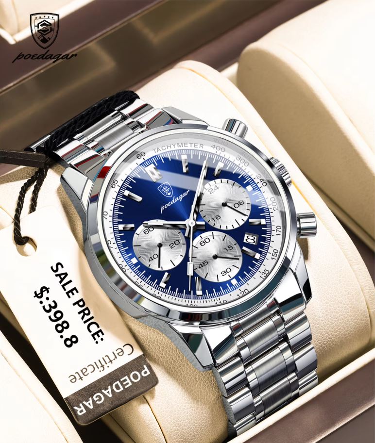 PODAGAR watch with blue face and silver case in a box, with a visible price tag.