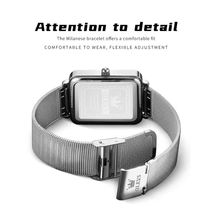 Watch with Milanese bracelet on a white background, featuring Rolex branding.