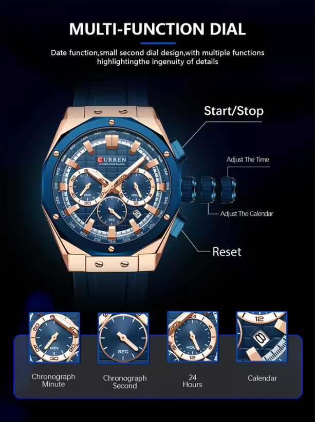 Blue and rose gold watch with multi-function dial on a dark background