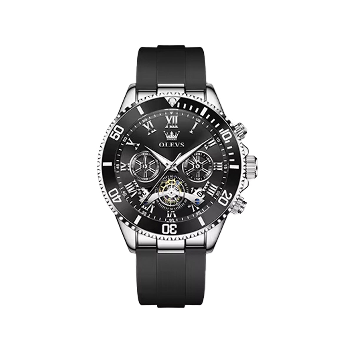 OLEVS 3730 Men’s Moon Phase Hollow Design Quartz Watch Silver Black