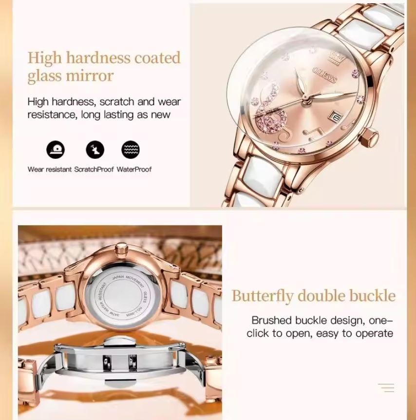 Rose gold watch with butterfly double buckle design on a beige background