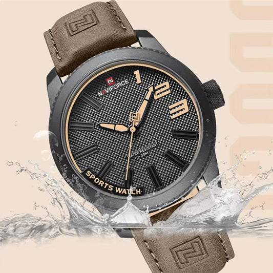 Naviforce sports watch with brown leather strap on a beige background