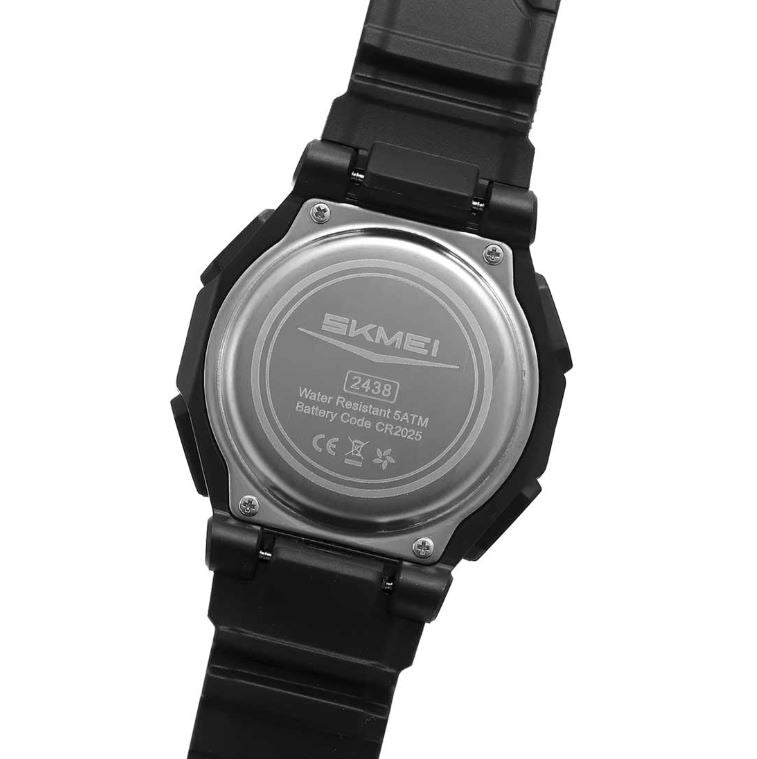 Back view of a black watch with brand name on a white background