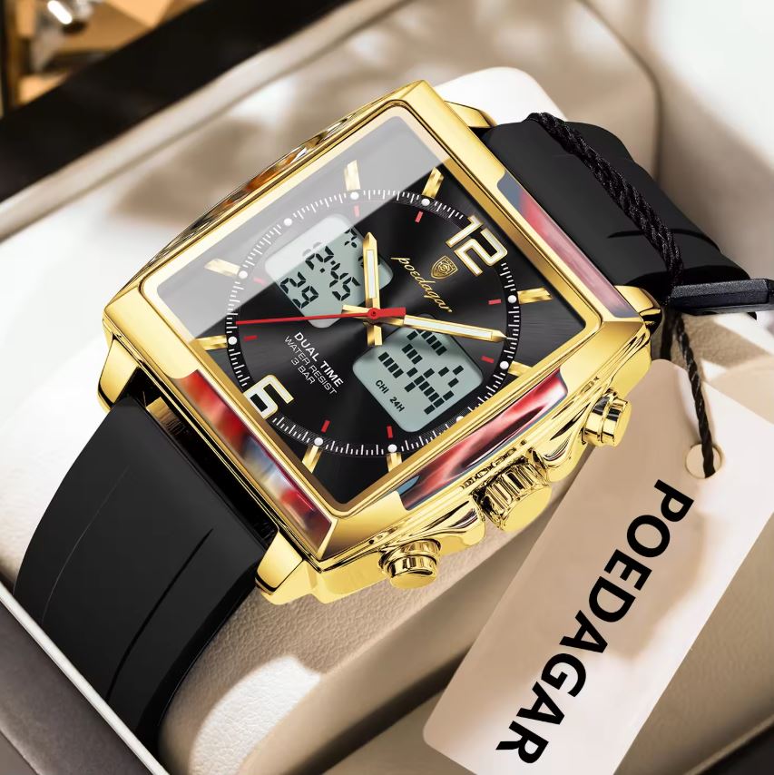 Gold and black watch with digital display on a light background, featuring the brand 'POEDAGAR'.
