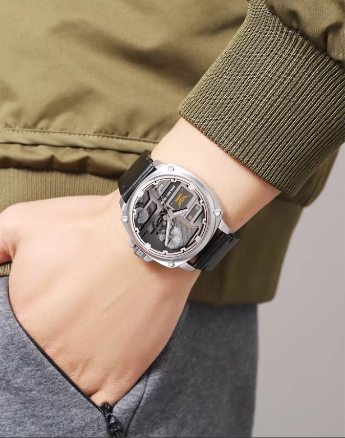 Close-up of a wrist wearing a detailed wristwatch with a neutral background