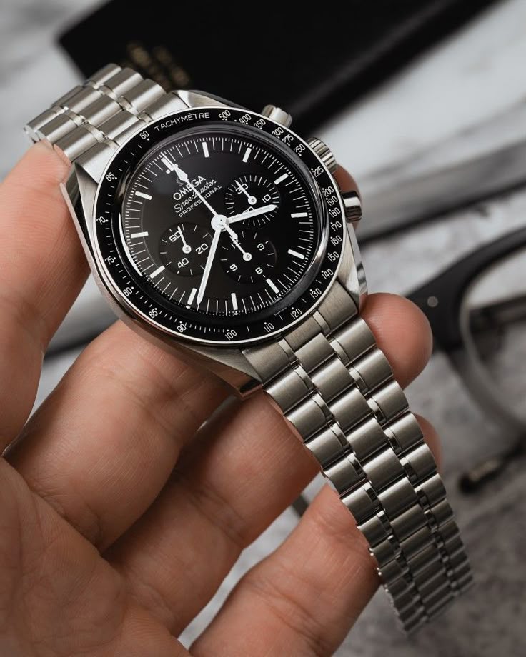 Omega Luxury Chronograph Men's Watch – Black Dial, Black Bezel, Stainless Steel Bracelet