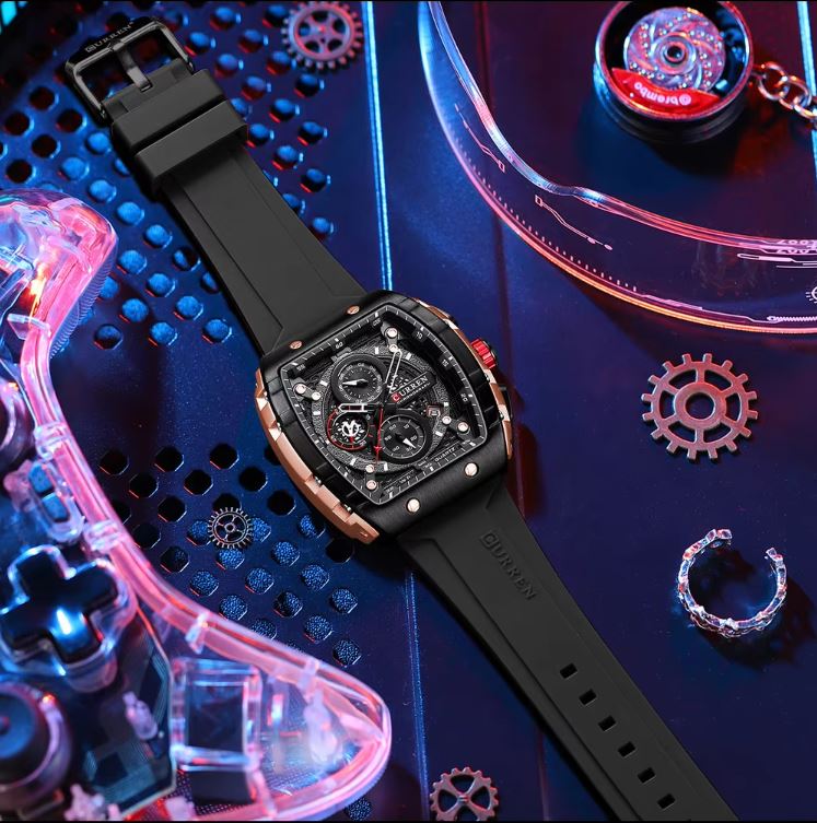 Luxury watch with black strap on a colorful, futuristic background