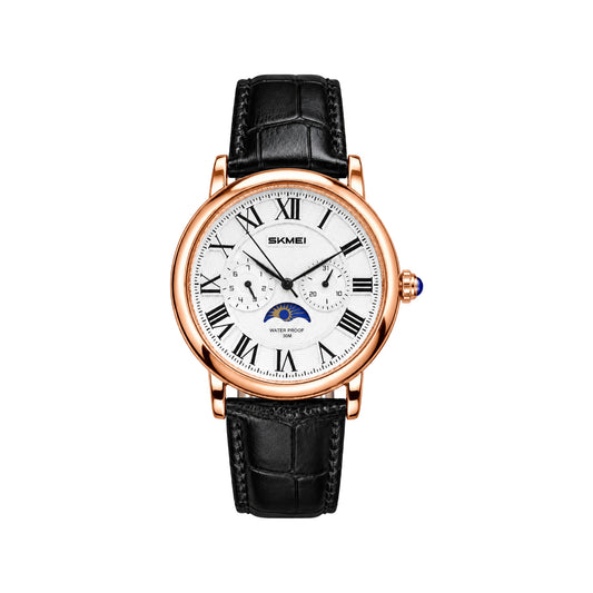 SKMEI 9438 Vintage Men's Quartz Watch Black Rosegold– Moon Phase, Day & Date, Leather Strap
