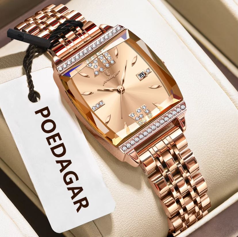 Rose gold watch with diamond accents on a white card displaying 'POEDAGAR'.