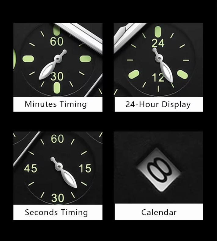Watch face display with different timekeeping features on a black background