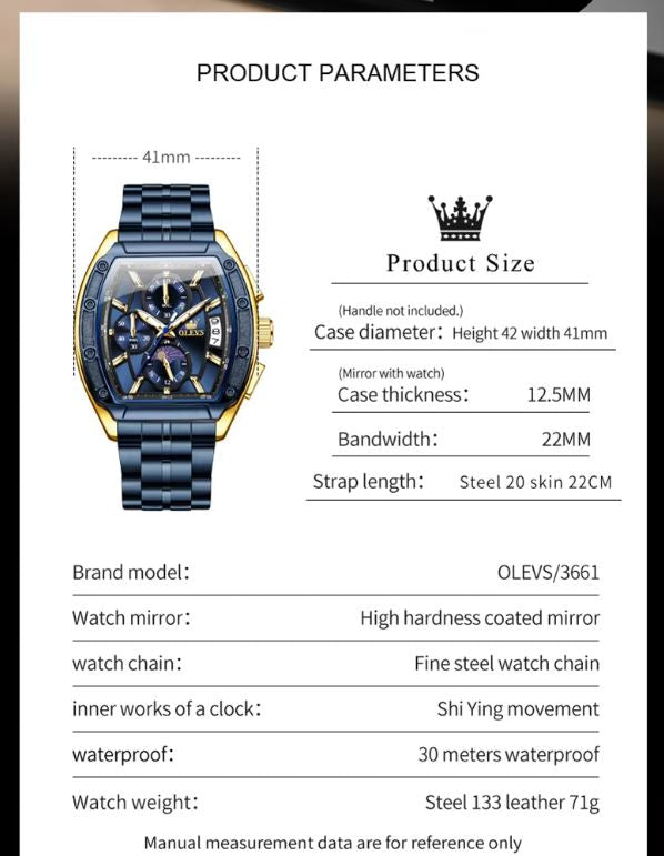 Product parameters of a blue and gold watch with dimensions and features listed.