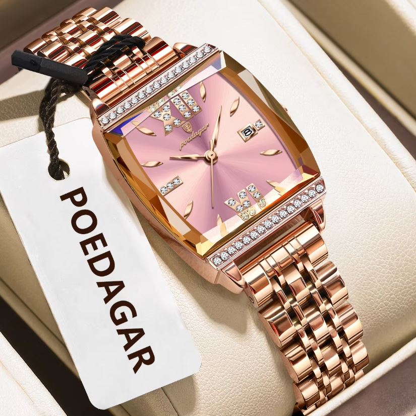 Rose gold watch with pink face on a white box, featuring POEDAGAR brand tag.
