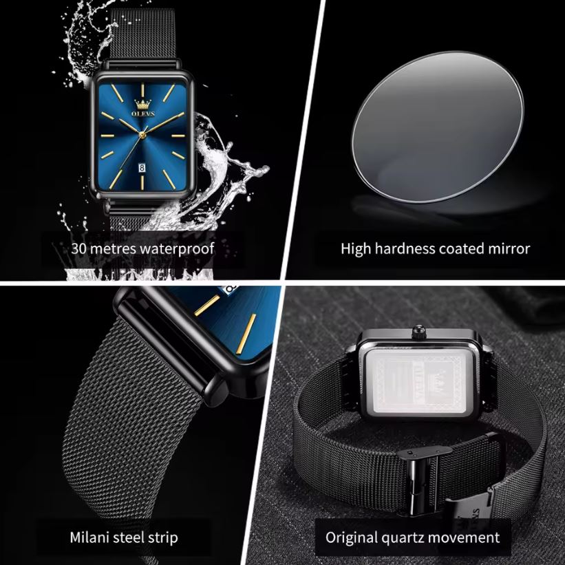 Watch with features highlighted on a black background