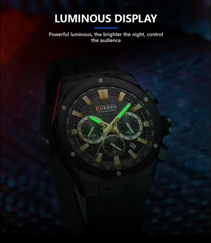 Black watch with green glowing display on a dark textured background, featuring the brand 'Curren'.
