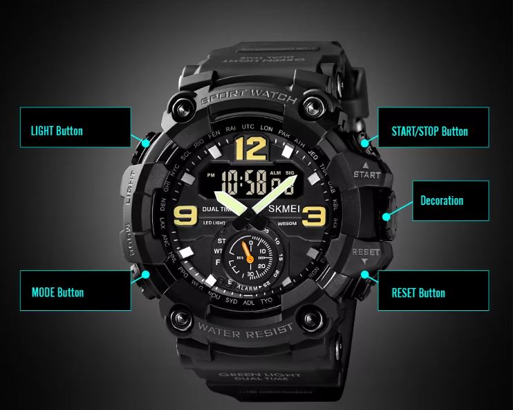 SKMEI 1637 Men’s Analog Digital Sports Watch Black – 50M Waterproof